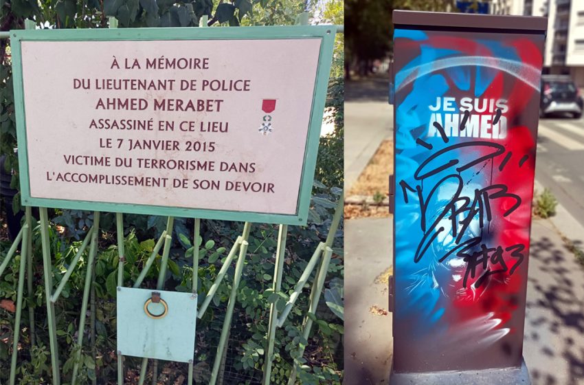  La plaque en hommage au policier Ahmed Merabet, tué par l’un des frères Kouachi, une nouvelle fois vandalisée